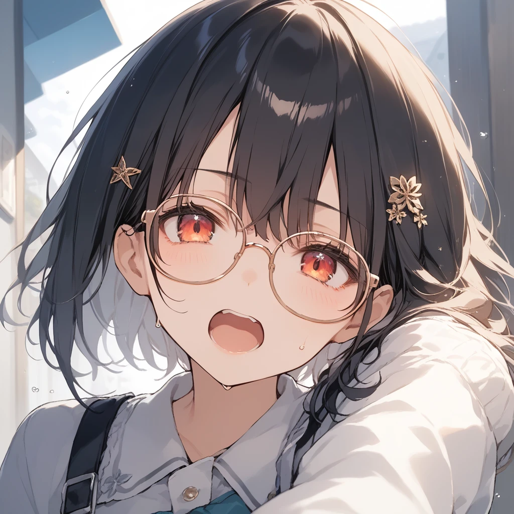 score_9, score_8_up, score_7_up, source_anime, best quality, masterpiece, official art, absurdres, highres, ultra-detailed,waifu2x,Collection: Slice of Life,break,1girl,  short hair, glasses, serahuku, small breasts, disgusted eyes, beautiful detailed eyes, pleated skirt,sweat, open mouth, (yawn:0.3),  sleepily, outdoors, wing, break,(clear line illustration:1.2), super detailed skin,very high resolution, very aesthetic, Best sexual lighting powered by famous artist, 8k,cute picture,beauty illustration,photoshop_(medium),,(Detailed Lighting),best anime 8k konachan wallpaper, pixiv contest winner, 