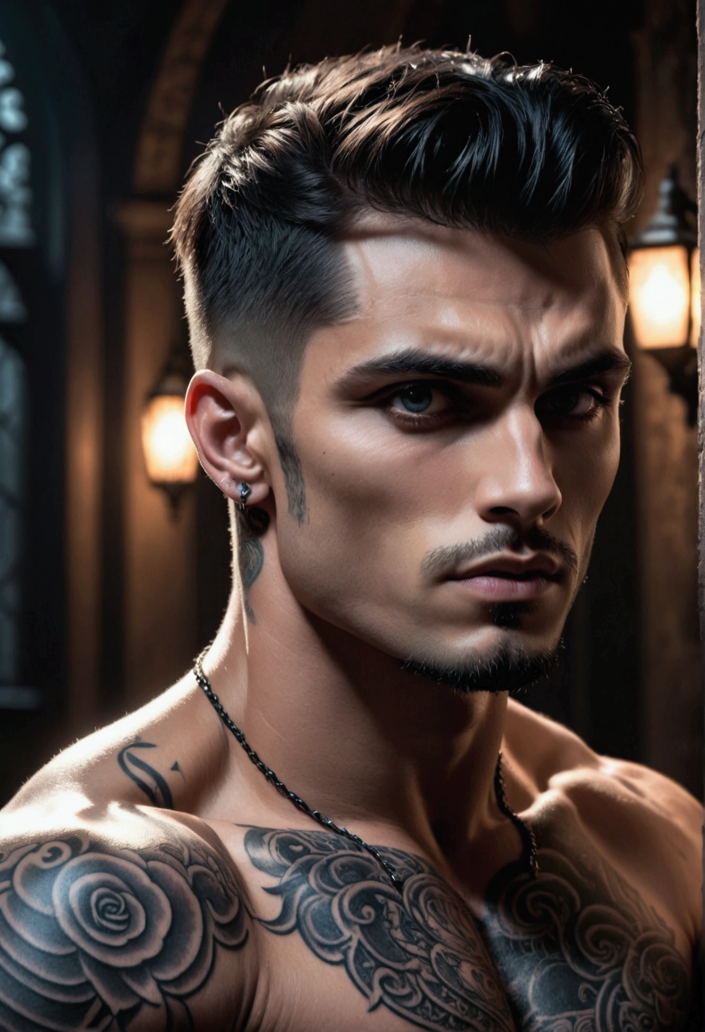 a muscular, shirtless, gothic, attractive man, detailed facial features, sharp jawline, piercing eyes, chiseled abs, intricate tattoos, dramatic lighting, dark moody atmosphere, cinematic composition, photorealistic, 8k, high quality, masterpiece