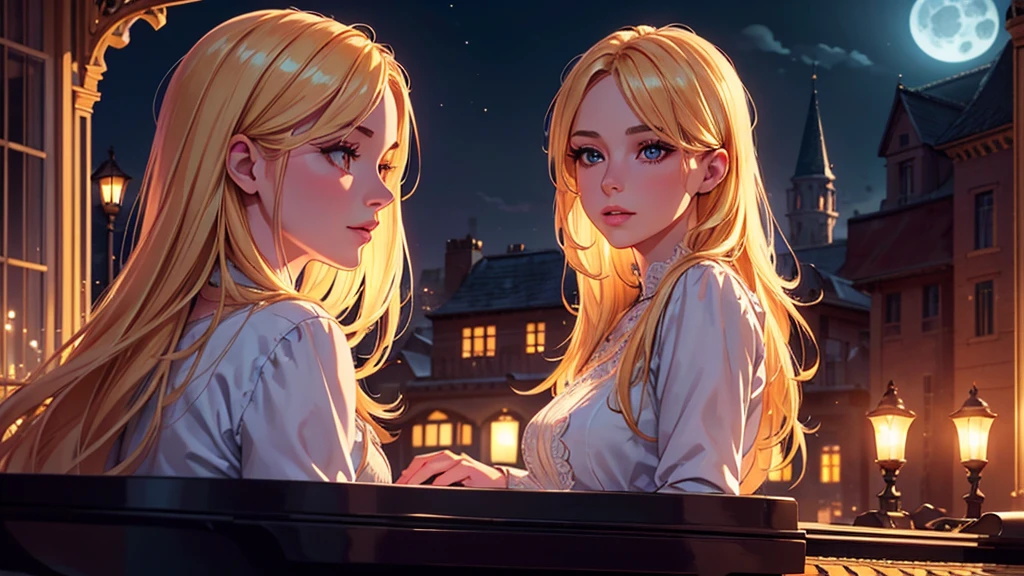 a blonde girl playing piano on the rooftop terrace at night, detailed portrait, beautiful detailed eyes, beautiful detailed lips, extremely detailed face, long eyelashes, elegant piano keys, moonlight, warm lighting, intricate architecture, cinematic composition, soft focus, vibrant colors, dramatic lighting, magical atmosphere, photorealistic, 8K, high quality, masterpiece