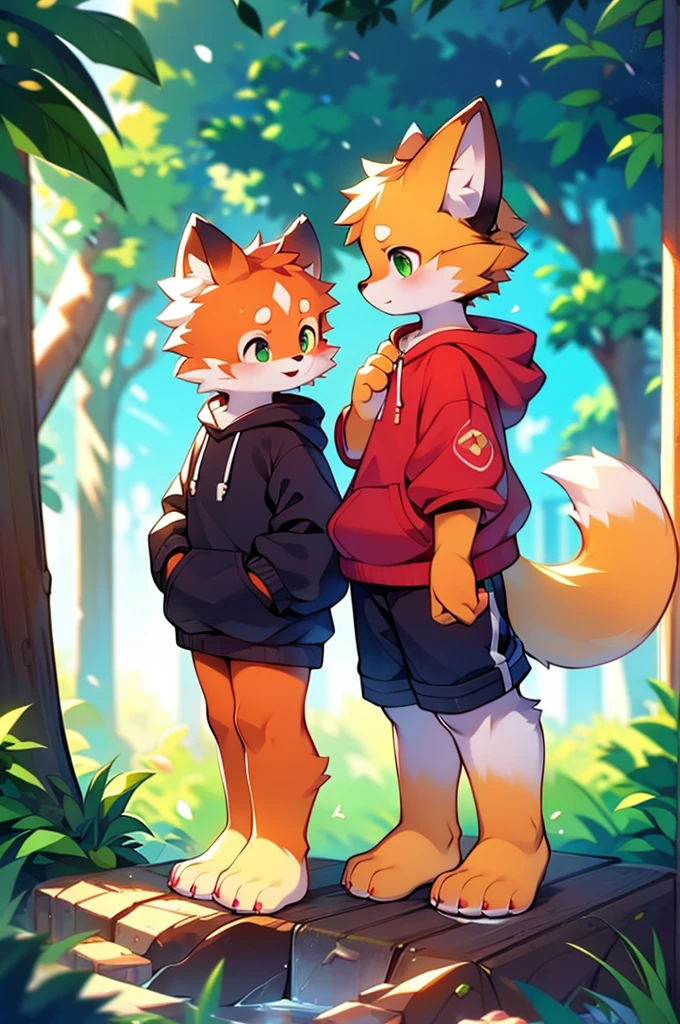 Furry,Red panda and fox,girl,8k resolution,最High resolution, High resolution,Wearing a hoodie,Green Eyes,summer,Stand on your feet,Two legs,Five fingers on a hand,Five toes,tall,:tall stature,fit,medium,Standard
