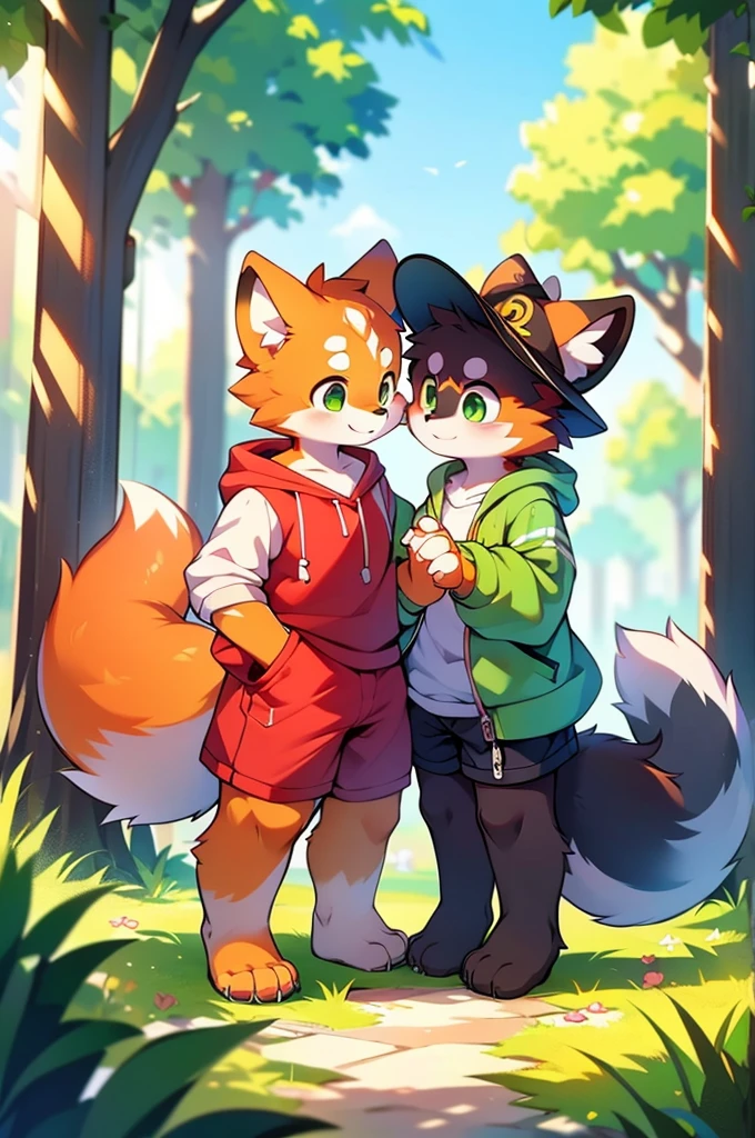 Furry,Red panda and fox,girl,8k resolution,最High resolution,                   High resolution,Wearing a hoodie,Green Eyes,summer,Stand on your feet,Two legs,Five fingers on a hand,Five toes,tall,：tall stature,fit,medium,Standard