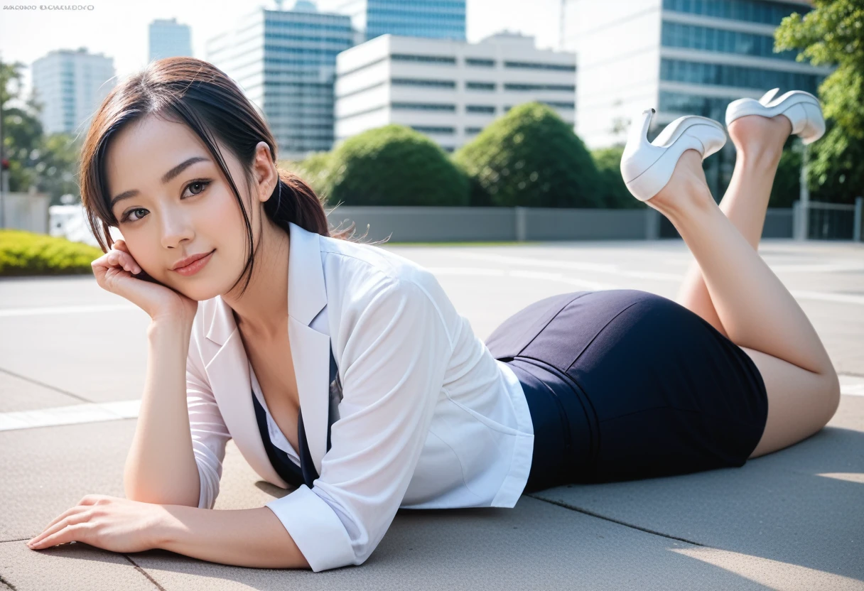 8k, raw photo, best quality, masterpiece, realistic, photo realistic, clear, professional lighting, beautiful face, best quality,ultra high res, realistic japanese beautiful, Super detailed, 1girl, clothed, outdoor, on stomach, full body