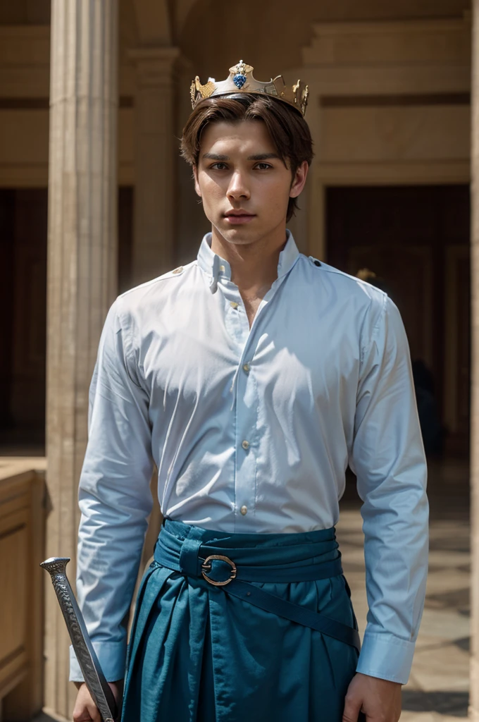 Young brown haired man; Brown eyes; SERIOUS LOOK; wearing prince uniform, with a sword at his waist and a crown made of blue diamonds