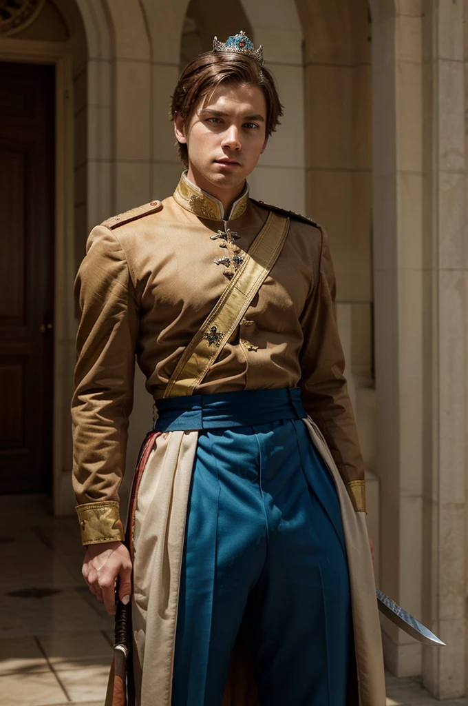 Young brown haired man; Brown eyes; SERIOUS LOOK; wearing prince uniform, with a sword at his waist and a crown made of blue diamonds