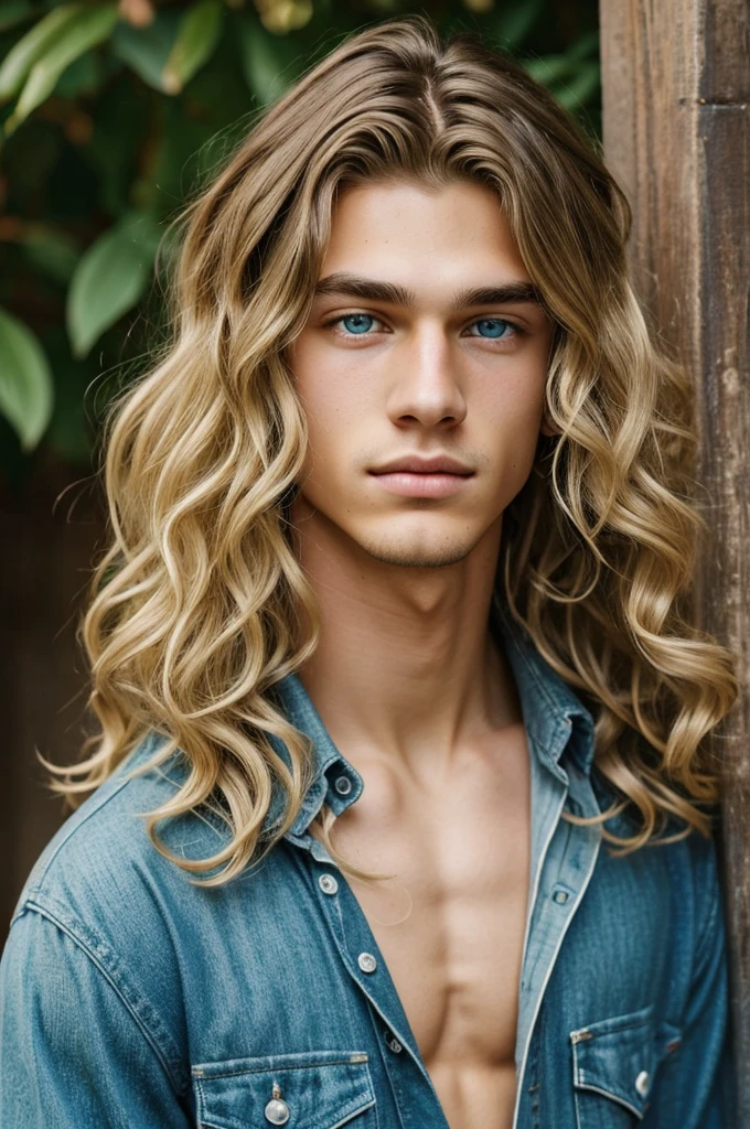 Handsome  boy with greenish blue eyes styled old money blonde hunter eyes full lips and thin nose with a brunette girlfriend curly hair with blonde balayage dark brown mermaid eyes and full lips 