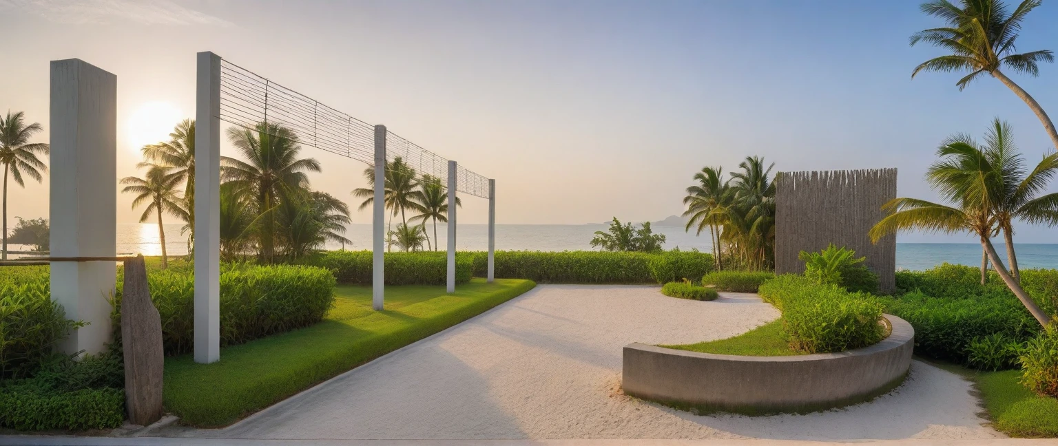 headquarter of Local caft Resort , coconut trees, greenery landscape, along the white beach, clear sky, sunrise time, warm lighting RAW Photo, RAW texture, Super Realistic, 32K UHD, DSLR, soft lighting, high quality, film rating, Fujifilm XT3