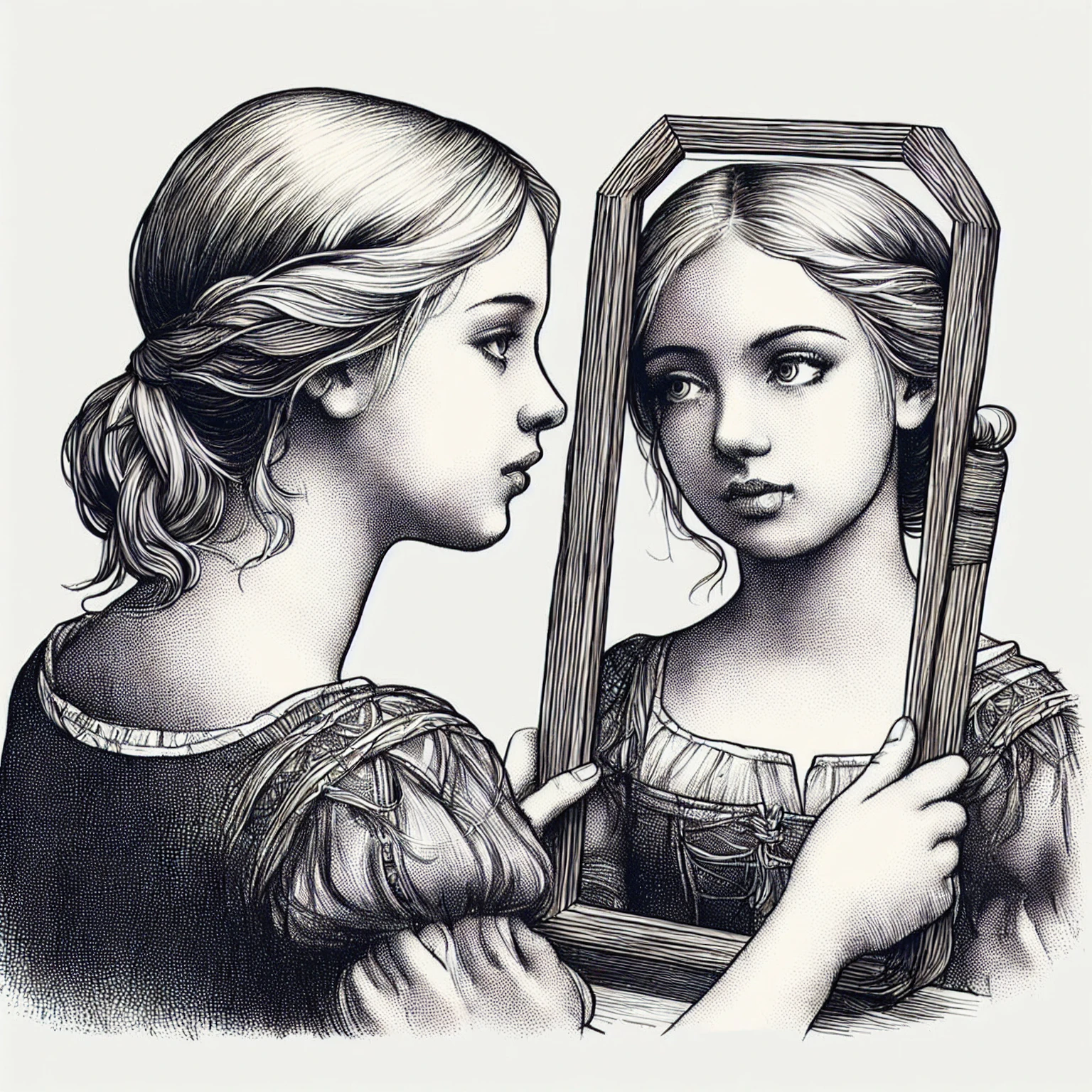 a drawing of a girl looking in a mirror, with a mirror, thief pajamas, looking in the mirror, looking in a mirror, looking in a mirror, looking in the mirror, reflecting, reflected, mirror reflection beautiful drawing style, admiring your own reflection.
