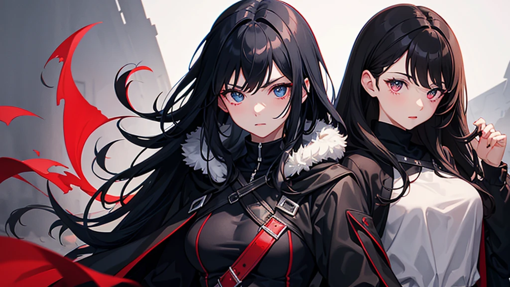 make a girl with black hair and red and blue eyes with Red lighting around her, in all black clothing and wearing a black cloak with fur around it