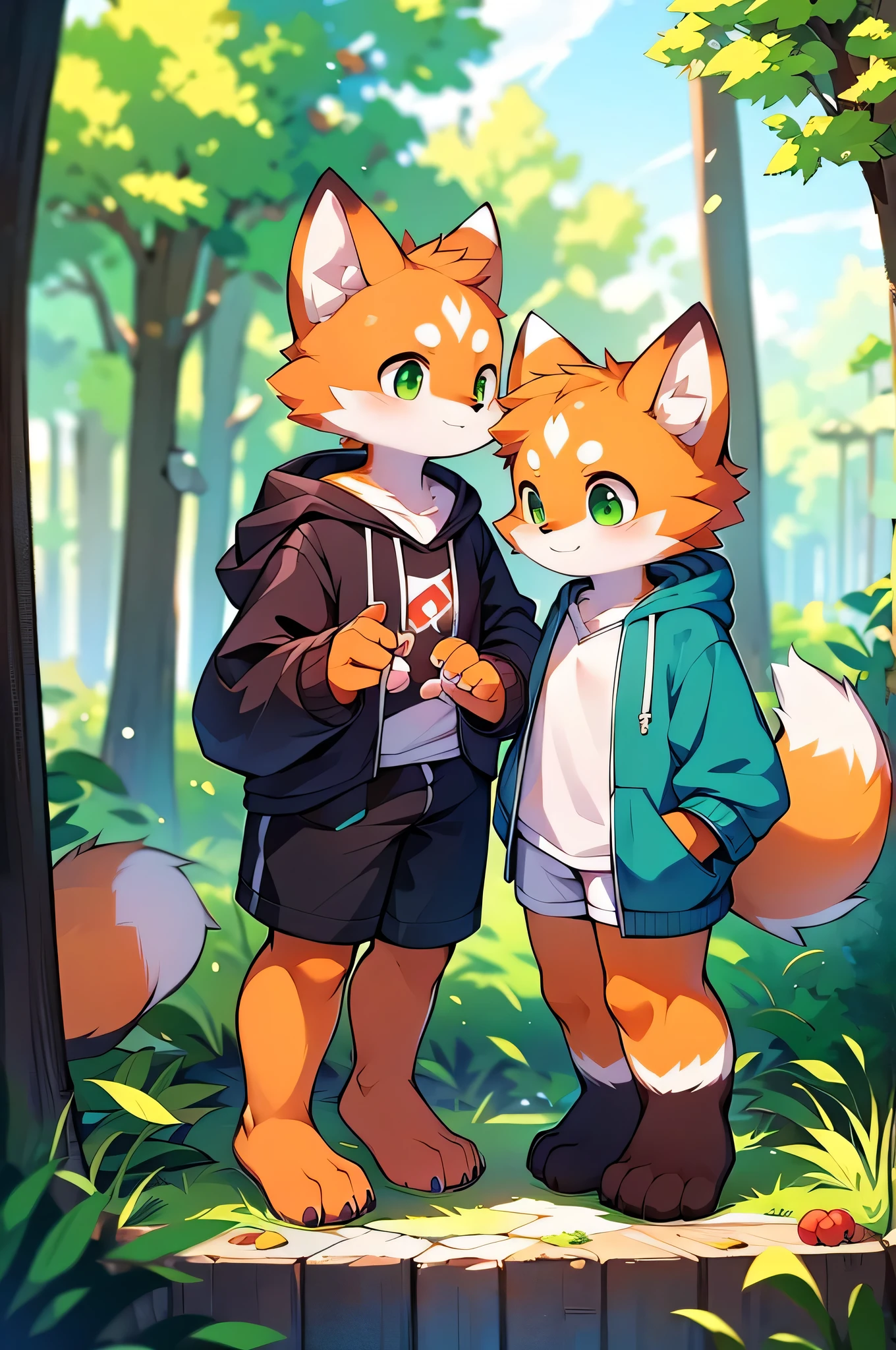 Furry,Red panda and fox,girl,8k resolution,最High resolution,                   High resolution,Wearing a hoodie,Green Eyes,summer,Stand on your feet,Two legs,Five fingers on a hand,Five toes,tall,：tall stature,fit,medium,Standard