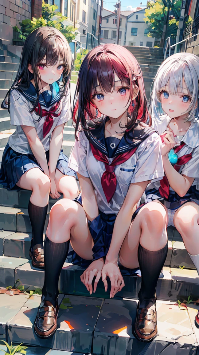 (((("Three girls.)))) The first has long yellow hair and green eyes.. The second has white Bob hair and blue eyes. The third has long red hair and red eyes.. wearing school uniforms. The background is a high school."(best qualityer, 8k, 32 mil, work of art, ultra HD,:1.2),CRU, 2 little girla cute , natural lighting,olhos Ablazes transparentes, 20 year,Medium chest ,skin fair ,Ruddy face,dynamic lighting, In the stairs, ((schoolar uniform)), crawling position on hands and knees, Closing your legs, moccasins, NSFW, in the middle of the stairs, Ablaze, Show panty, White or blue panties
