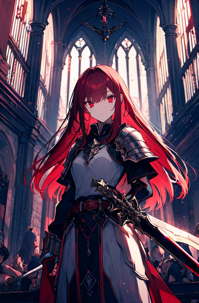 4k,hight resolution,One Woman,Bright red hair,Longhaire,red eyes,knights,white sacred armor,jewel decorations,Big sword,medieval town,furious,