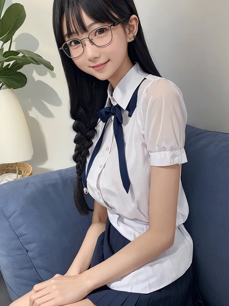 Highest quality、masterpiece、8k、Very detailed、Realistic、One girl、Looking at me with a smile、Black Hair、Braid、Small face、Slender、Big Breasts、Thin and beautiful legs、narrow and constricted waist,、Glasses、Young face、A short-sleeved white shirt with buttons and a collar、Short navy blue pleated skirt、Red ribbon on chest