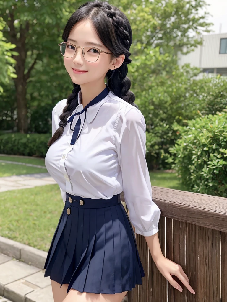 Highest quality、masterpiece、8k、Very detailed、Realistic、One girl、Looking at me with a smile、Black Hair、Braid、Small face、Slender、Big Breasts、Thin and beautiful legs、narrow and constricted waist,、Glasses、Young face、A short-sleeved white shirt with buttons and a collar、Short navy blue pleated skirt、Red ribbon on chest