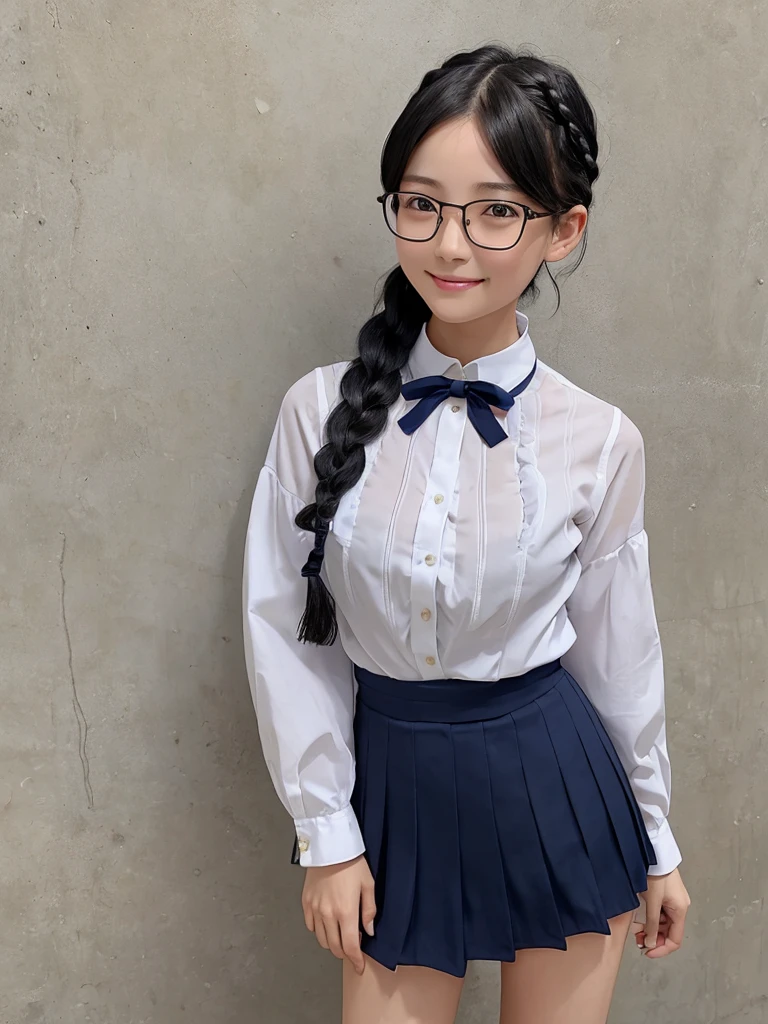 Highest quality、masterpiece、8k、Very detailed、Realistic、One girl、Looking at me with a smile、Black Hair、Braid、Small face、Slender、Big Breasts、Thin and beautiful legs、narrow and constricted waist,、Glasses、Young face、A short-sleeved white shirt with buttons and a collar、Short navy blue pleated skirt、Red ribbon on chest