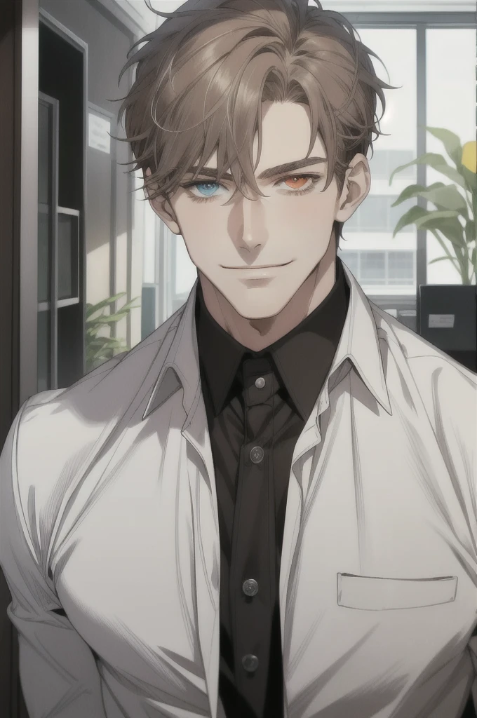 masterpiece, best quality, realistic, 1man, mature man, muscular tall, handsome, smile, closed mouth, portrait, extremely detailed face, (short hair), (gray brown hair), (heterochromia in eyes), CEO, Office home.