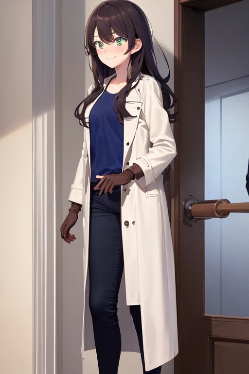 ((best quality)), ((masterpiece)), (detailed), a couple, a boy and a girl, 1 boy, full body, 19 years old, brown hair with white tips, long hair, bangs, green eyes, mischievous smile, tall and thin, thin, long beige trench coat, open trench coat, black fingerless gloves, white wristbands, white t-shirt with blue I-shaped emblem, letter I, black pants, 1 girl, full body, 19 years old, young adult, somewhat short, purple eyes, brown hair, somewhat wavy hair, long hair, lock of hair on forehead, embarrassed face, blushing, scientist's coat, blue shirt, black pants, looking at each other face to face, romantic moment, room background, anime