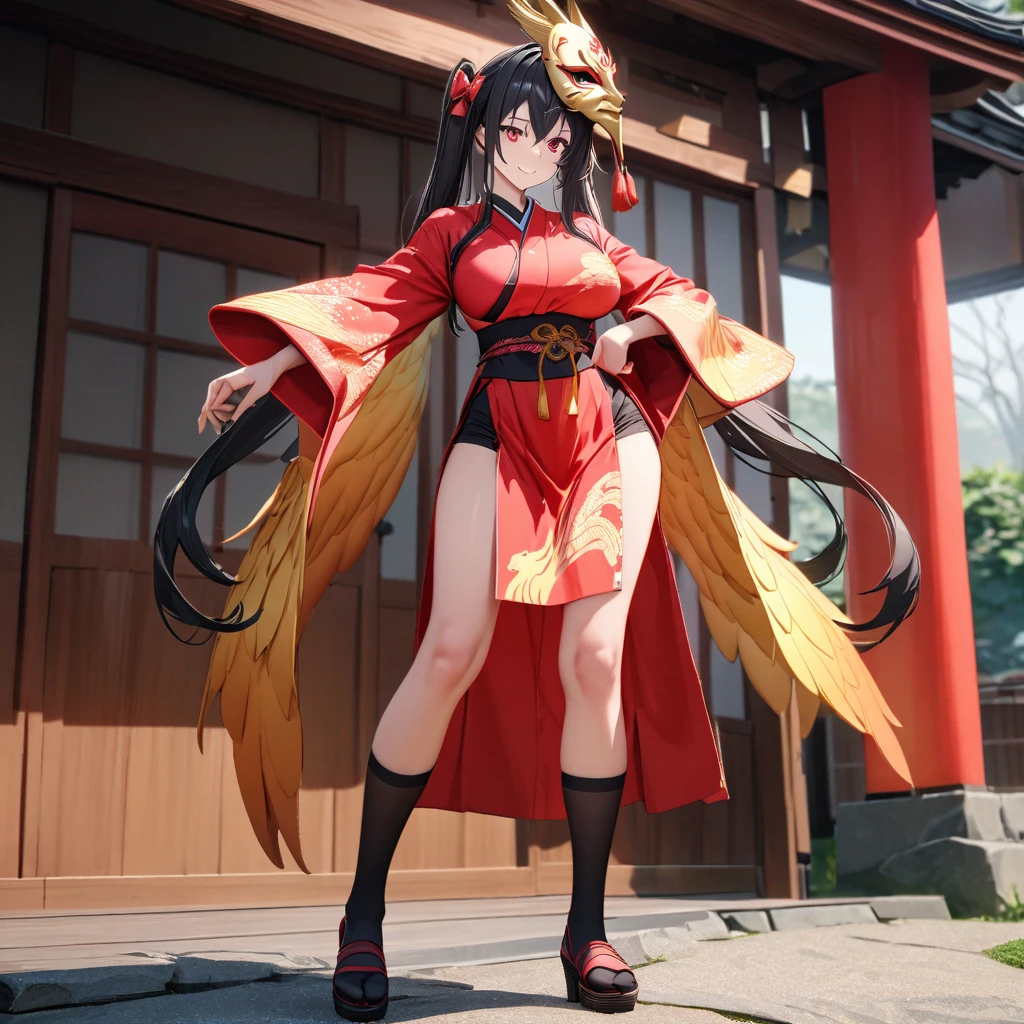 a woman using helm shoes, smile, crossed bangs ,Red eyes, red kimono, short hakama, skirt,golden phoenix mask on head. black socks, wide socks,wide sleeves,zetai ryouiki, black hair, long hair, pigtails, hair bows, ahoge, short kimono, shoulder to shoulder kimono, postured outside a traditional Japanese house,standing posture, garden with Japanese aesthetics, big breasts,UHD , prime work , accurate , anatomically correct , textured skin , super details , high quality , best quality, 8k, high resolution, bokeh effect. (woman solo)