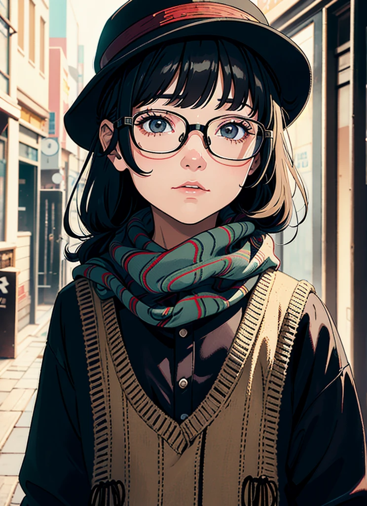 1boy, a picture inspired by Leng Mei, tumblr, shin hanga, with bangs, janice sung, wan adorable korean face, neat hair with bangs, only a few bangs of hair, the hime cut, with long hair, mole under left eye, eye glass, small rectangular glasses, eye glasses, eyeglasses, glasses frames, reading glasses, small square glasses, exaggerated details, layers, layered detailed, style of seb mckinnon, demna gvasalia, edited, 2 0 2 0 fashion, good looking face, max dennison, wearing a hat and scarf, a picture inspired by Hamish MacDonald, trending on pexels, photorealism, patrick westwood style