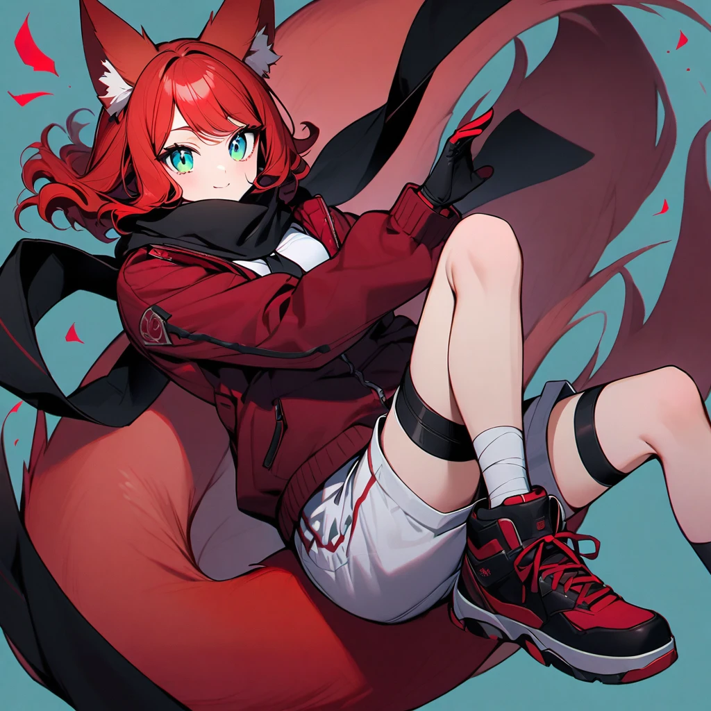 (well done: 1) woman, short red, slightly wavy hair, cyan eyes, red fox ears and tail, black scarf, bulky red winter jacket with black details, white shirt, black tie, white shorts, knee bandage, sneakers red.