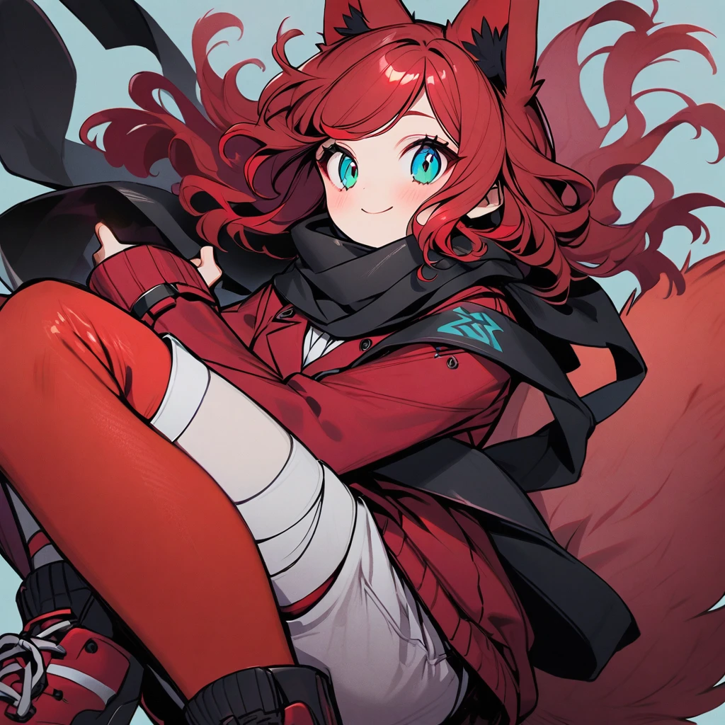 (well done: 1) woman, short red, slightly wavy hair, cyan eyes, red fox ears and tail, black scarf, bulky red winter jacket with black details, white shirt, black tie, white shorts, knee bandage, sneakers red.