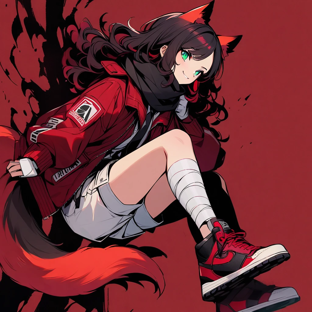 (well done: 1) woman, short red, slightly wavy hair, cyan eyes, red fox ears and tail, black scarf, bulky red winter jacket with black details, white shirt, black tie, white shorts, knee bandage, sneakers red.