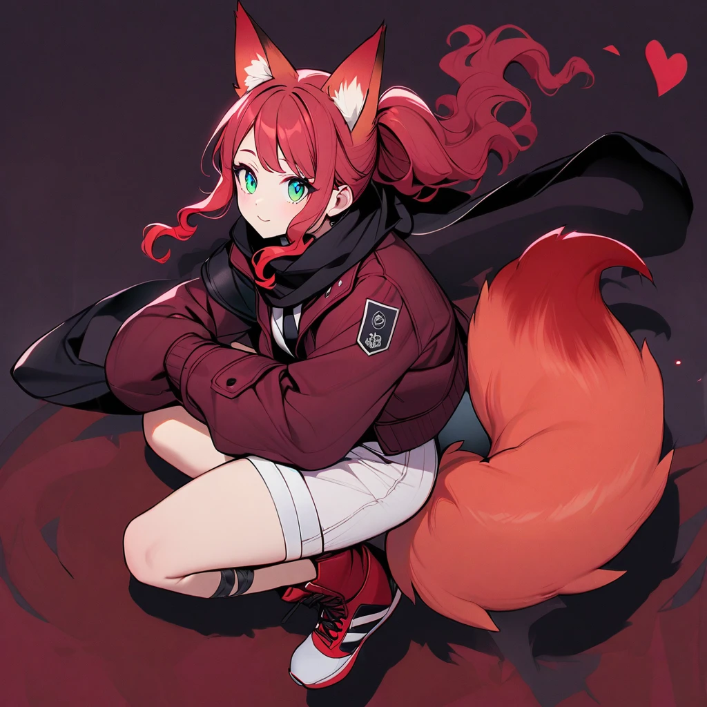 (well done: 1) woman, short red, slightly wavy hair, cyan eyes, red fox ears and tail, black scarf, bulky red winter jacket with black details, white shirt, black tie, white shorts, knee bandage, sneakers red.