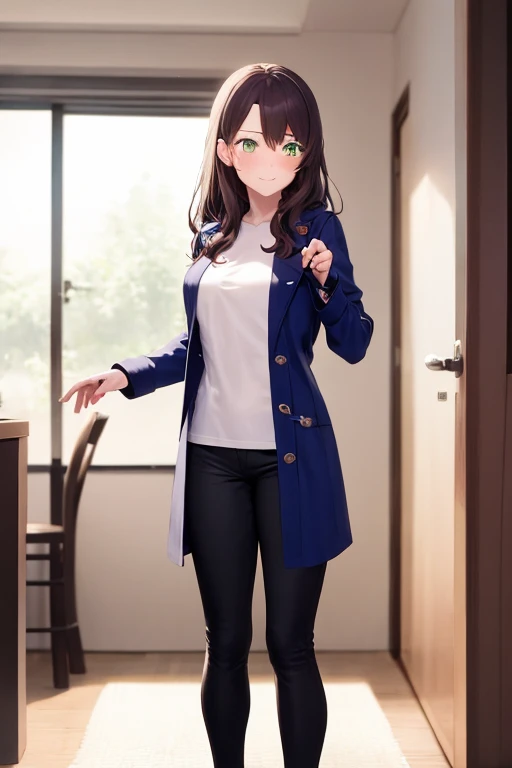 ((best quality)), ((masterpiece)), (detailed), a couple, a boy and a girl, 1 boy, full body, 19 years old, brown hair with white tips, long hair, bangs, green eyes, mischievous smile, tall and thin, thin, long beige trench coat, open trench coat, black fingerless gloves, white wristbands, white t-shirt with blue I-shaped emblem, letter I, black pants, 1 girl, full body, 19 years old, young adult, somewhat short, purple eyes, brown hair, somewhat wavy hair, long hair, lock of hair on forehead, embarrassed face, blushing, scientist's coat, blue shirt, black pants, looking at each other face to face, romantic moment, room background, anime