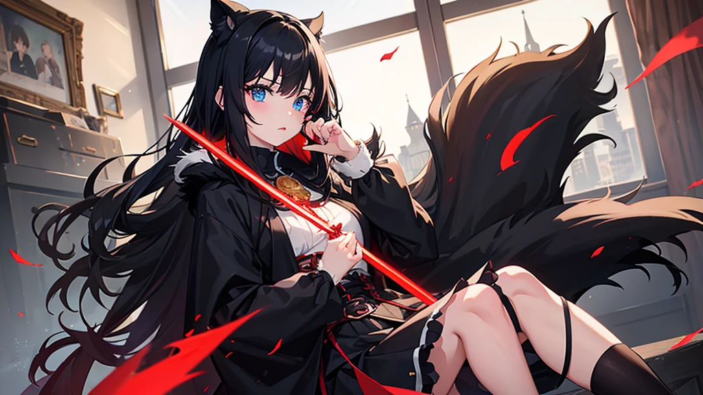 lily_white, [[[regretful]]],  [[[library]]], [[Leaning]] make a girl with black hair and red and blue eyes with Red lighting around her, in all black clothing and wearing a black cloak with fur around it