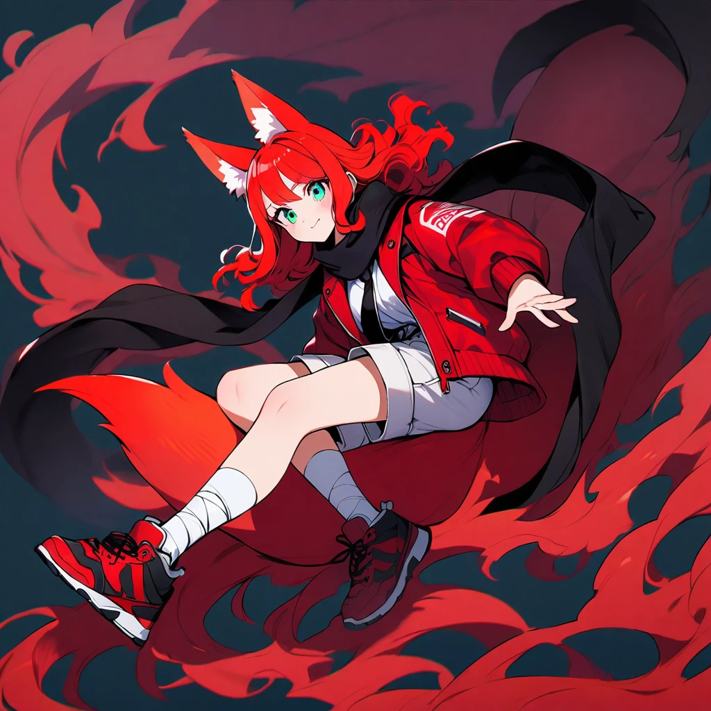 (well done: 1) woman, short red, slightly wavy hair, cyan eyes, red fox ears and tail, black scarf, bulky red winter jacket with black details, white shirt, black tie, white shorts, knee bandage, sneakers red.