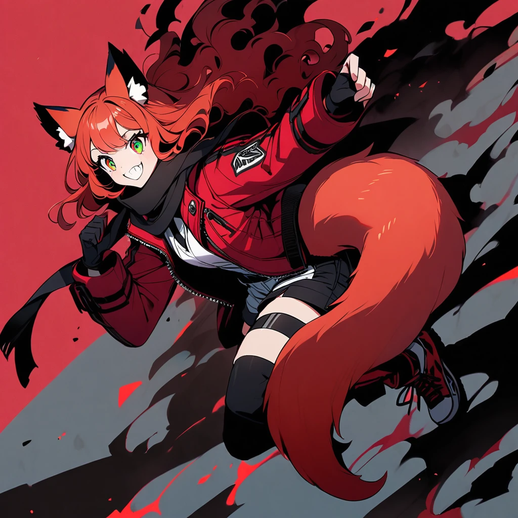 (well done: 1) woman, short red, slightly wavy hair, cyan eyes, red fox ears and tail, black scarf, bulky red winter jacket with black details, white shirt, black tie, white shorts, knee bandage, sneakers red.