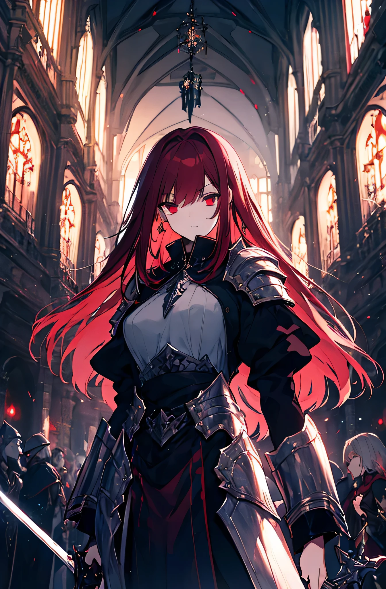 4k,hight resolution,One Woman,Bright red hair,Longhaire,red eyes,knights,white sacred armor,jewel decorations,Big sword,medieval town,furious,