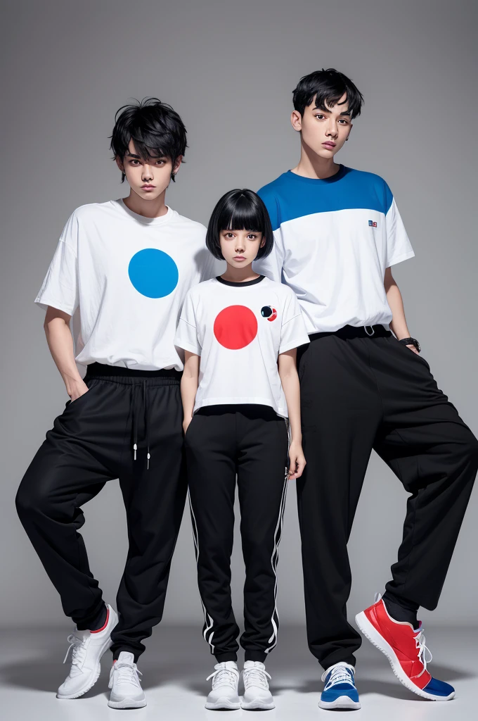Me Fassa a male character with black hair and bangs on his forehead and a white face with red on the other left shirt. Black and a blue dot in the middle black pants with a white dot black and blue sneakers on top
