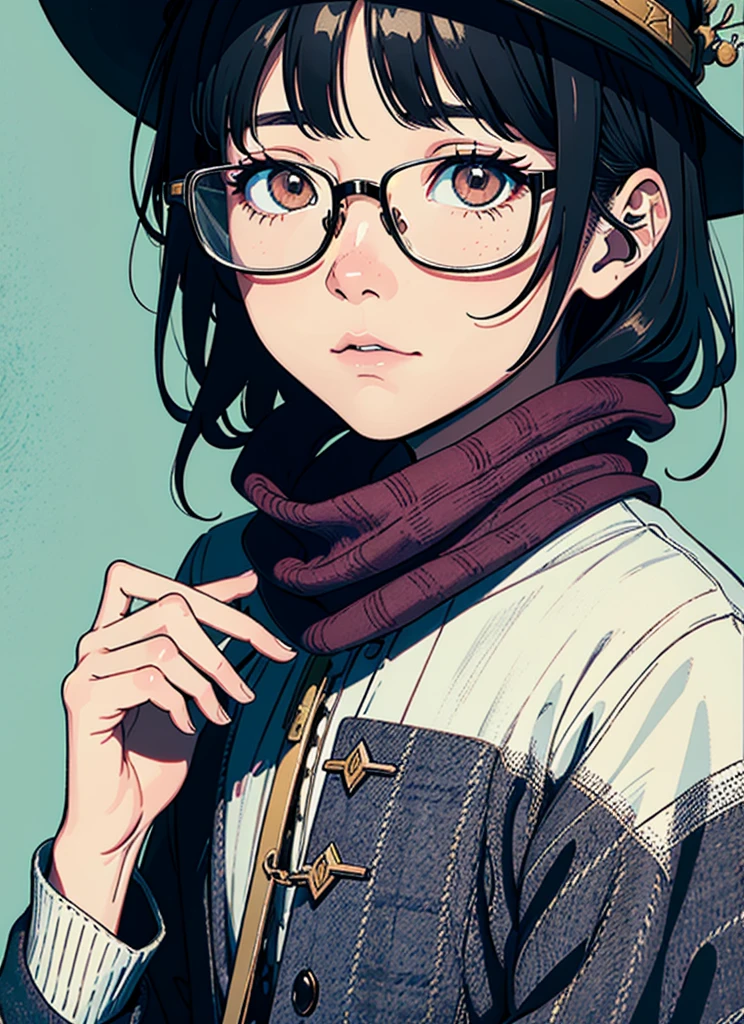 1boy, a picture inspired by Leng Mei, tumblr, shin hanga, with bangs, janice sung, wan adorable korean face, neat hair with bangs, only a few bangs of hair, the hime cut, with long hair, mole under left eye, eye glass, small rectangular glasses, eye glasses, eyeglasses, glasses frames, reading glasses, small square glasses, exaggerated details, layers, layered detailed, style of seb mckinnon, demna gvasalia, edited, 2 0 2 0 fashion, good looking face, max dennison, wearing a hat and scarf, a picture inspired by Hamish MacDonald, trending on pexels, photorealism, patrick westwood style