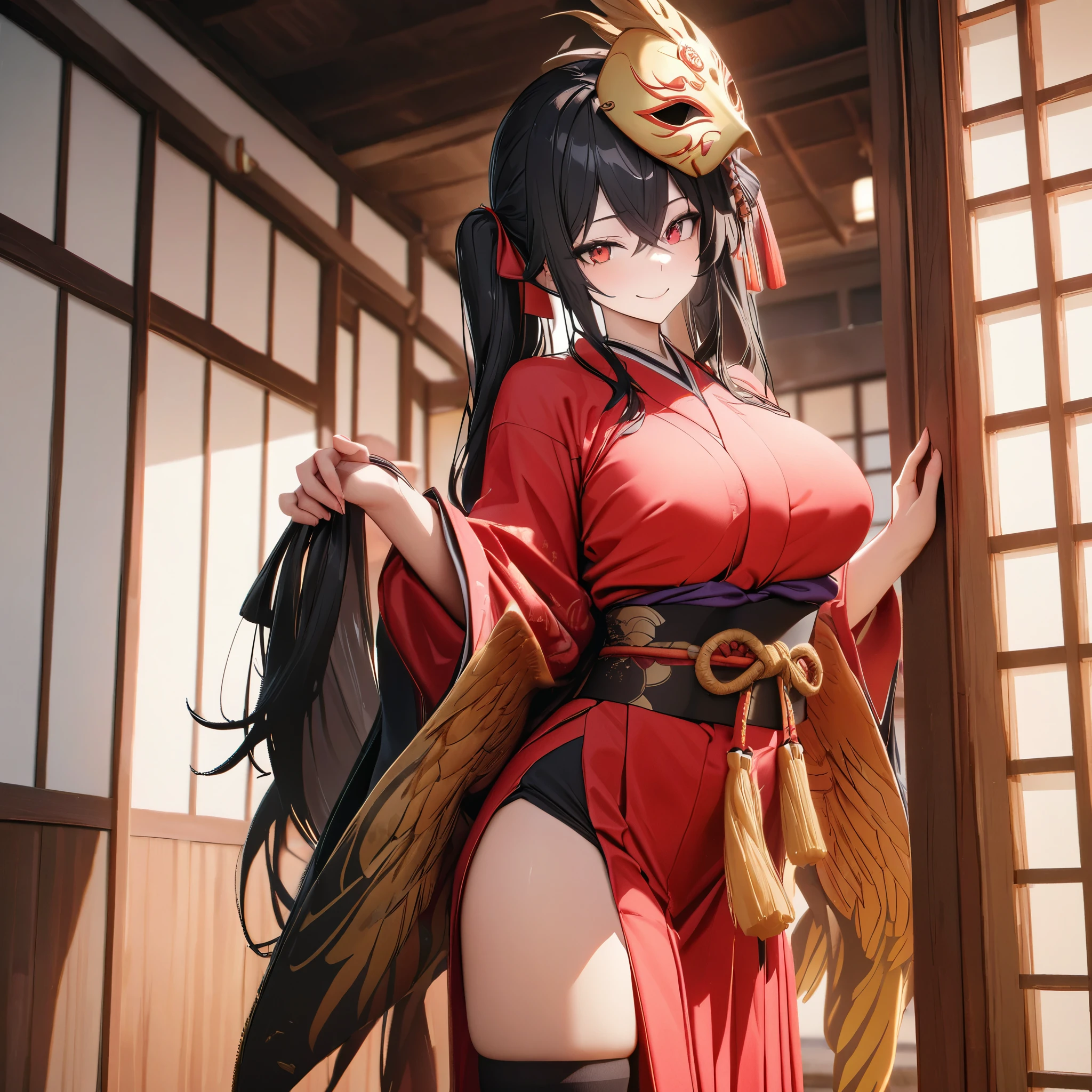 a woman using helm shoes, smile, crossed bangs ,Red eyes, red kimono, short hakama, skirt,golden phoenix mask on head. black socks, wide socks,wide sleeves,zetai ryouiki, black hair, long hair, pigtails, hair bows, ahoge, short kimono, shoulder to shoulder kimono, postured outside a traditional Japanese house,standing posture, garden with Japanese aesthetics, big breasts,UHD , prime work , accurate , anatomically correct , textured skin , super details , high quality , best quality, 8k, high resolution, bokeh effect. (woman solo)
