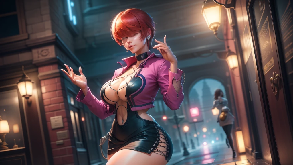 (at night), in a video game scene a background a beautiful city at night raining, alone, alone, standing at attention, pink suit, pink jacket, choker, neckline, cut of clothes, earrings, has long bangs on the hair covering the eyes ((hair over the eyes)), 1 girl, 20 years old, young woman, perfect hands, beautiful fingers, beautiful long legs, beautiful body, beautiful nose, beautiful character design, perfect face, looking at the spectator with serious gesture, is on a phone call with his cell phone in hand (focusing on his face), closed mouth, Light_Smile, official art, extremely detailed CG unity 8k wallpaper, perfect lighting, bright and colorful front lighting, skin glossy (masterpiece: 1.0), (best_quality: 1.0), ultra high resolution, 4K, ultra detailed photography, 8K, HDR, high resolution, nonsense:1.2, Kodak portra 400, film grain, blurred background, bokeh:1.2, lens flare, (vibrant_color:1.2), professional photography, (Beautiful, breasts: 1.4), (beautiful_face: 1.5), (narrow waist),