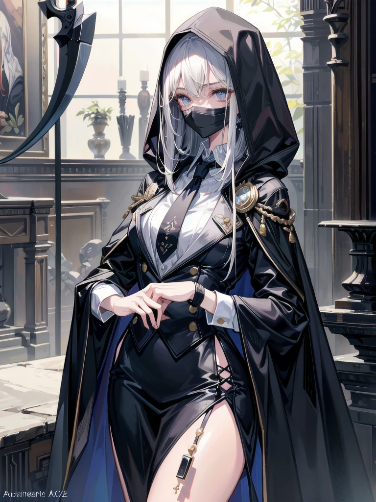 absurdres, RAW photo, extremely delicate and beautiful, masterpiece, Best Quality, ultra high resolution, 32k, hyperrealistic, ultra-detailed, perfect anatomy, anatomically correct, perfect figure, Perfect Style, Perfect balance, super Detailed skin, in her 30s, very Slim body, narrow waist, very small head, very small face, delicate facial features, handsome detailed woman, very detailed eyes and face, realistic face proportions, Realistic beautiful face, Realistic beautiful eyes, tearful mole, earring, big tits, full body shot, medium hair, indoor, grim reaper, hooded robe, huge scythe, business suit, blazer, shirt, skirt, tie,