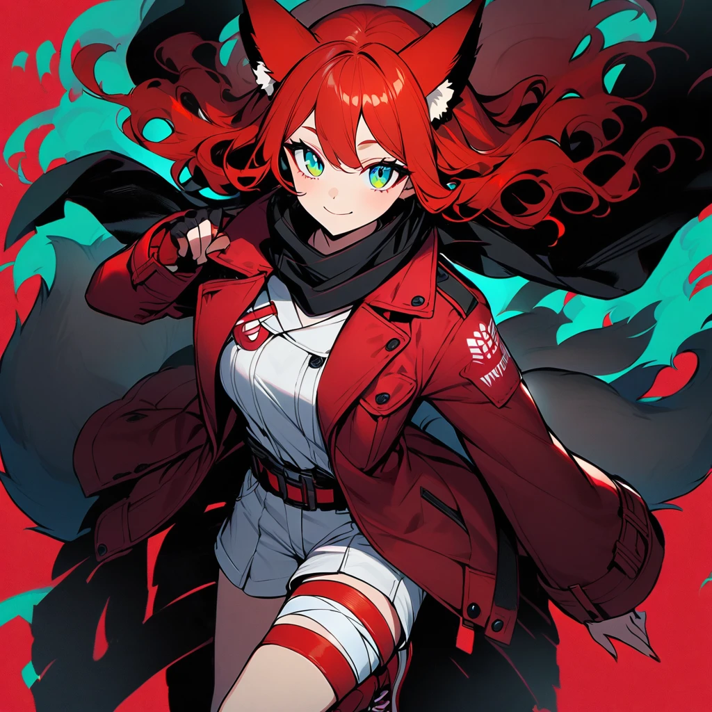 (well done: 1) woman, short red, slightly wavy hair, cyan eyes, red fox ears and tail, black scarf, bulky red winter jacket with black details, white shirt, white shorts, knee bandage, red sneakers.