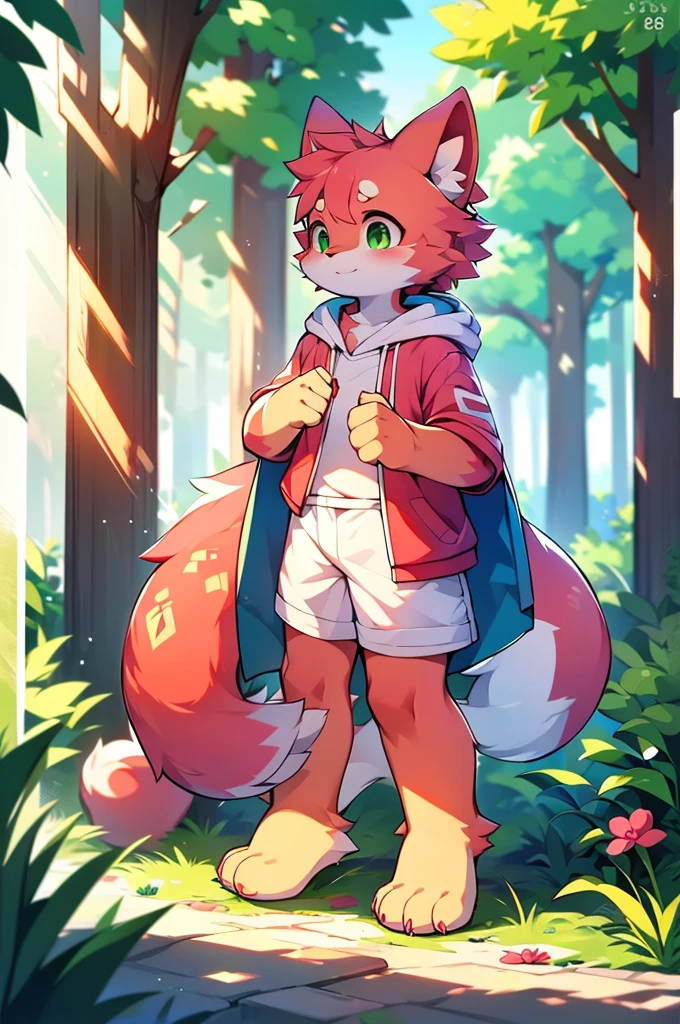 Furry,Pink fur,Girl,8k resolution,最High resolution,                   High resolution,Wearing a hoodie,Green Eyes,summer,Stand on your feet,Two legs,Five fingers on a hand,Five toes,tall,：tall stature,fit,medium,Standard