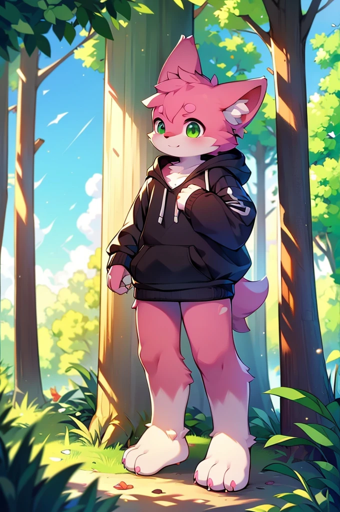 Furry,Pink fur,Girl,8k resolution,最High resolution,                   High resolution,Wearing a hoodie,Green Eyes,summer,Stand on your feet,Two legs,Five fingers on a hand,Five toes,tall,：tall stature,fit,medium,Standard