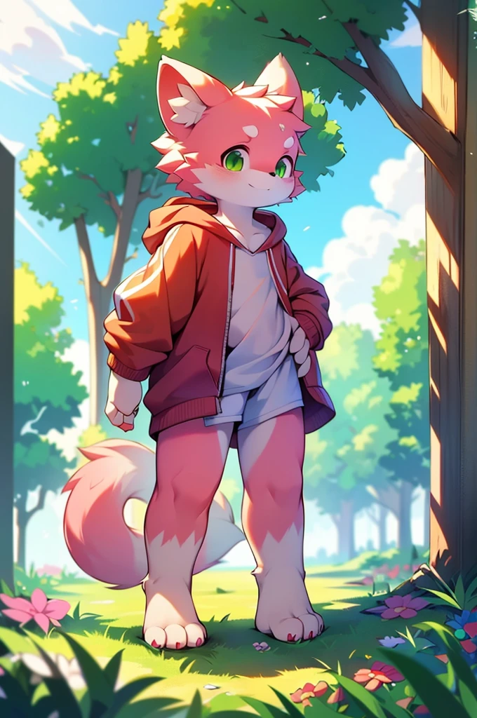 Furry,Pink fur,Girl,8k resolution,最High resolution, High resolution,Wearing a hoodie,Green Eyes,summer,Stand on your feet,Two legs,Five fingers on a hand,Five toes,tall,:tall stature,fit,medium,Standard