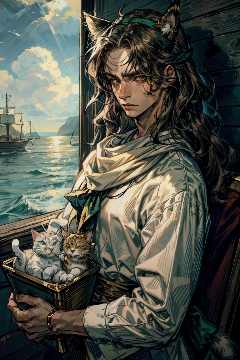 1 boy, (young man), upper body, red fluffy long hair, ((only cat ears are big)), green eyes, long eyelashes, beautiful detailed eyes, plain white shirt, bandana on head, pirate setting, maritime atmosphere, (cat tail), soft light, Beautiful detailed eyes, Good Skin, a lot of details on the clothes, detailed background, sea landscape, extremely detailed face, 8 K, masterpiece