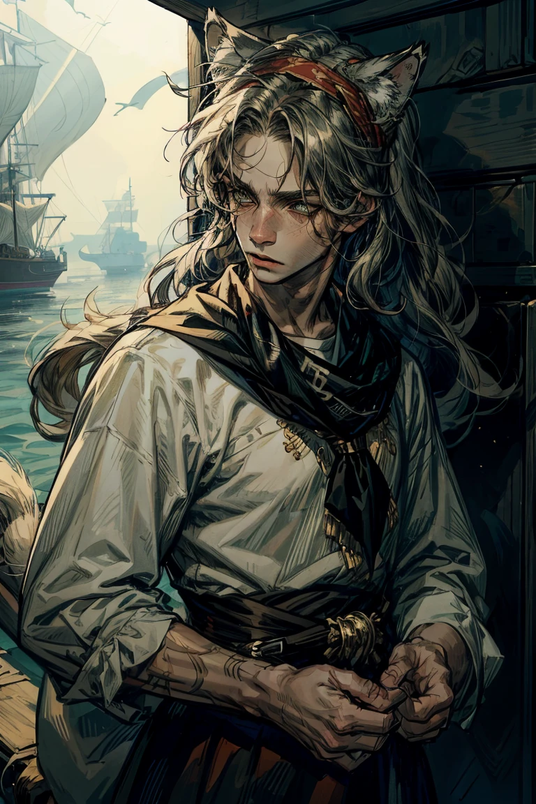 1 boy, (young man), upper body, red fluffy long hair, ((only cat ears are big)), green eyes, long eyelashes, beautiful detailed eyes, plain white shirt, bandana on head, pirate setting, maritime atmosphere, (cat tail), soft light, Beautiful detailed eyes, Good Skin, a lot of details on the clothes, detailed background, sea landscape, extremely detailed face, 8 K, masterpiece