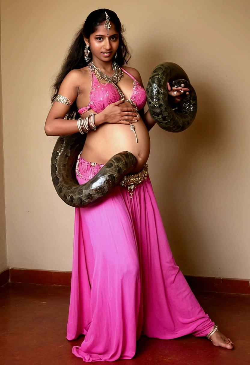  Pregnant Happy Horny, aroused 1girl), beautiful indian young teen belly dancer wearing pink  thong with  giant colossal titanaboa monster squeezing her hard, wrapped in thick spiraling coils, constricted, struggle, gasping for air, snake attack, snake peril,