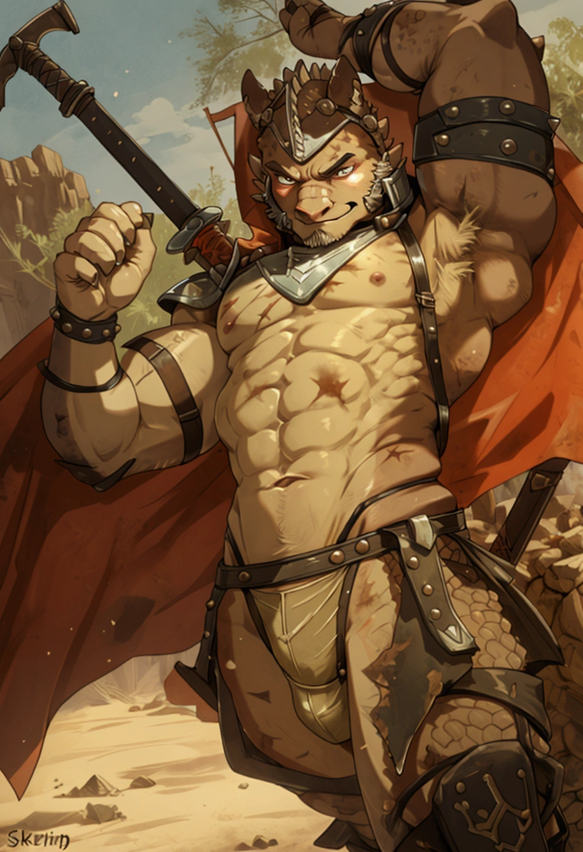 Solo Sexy anthro scalie dragon male mercenary medieval solider, slim endomorph muscular handsone model male apperance, sword scars, worn out rusty skimpy armament, low on hips heavy leather belt, old very worn out skimpy dirty linen material jockstrap, old yellow dirty worn out stains on white jockstrap, studded skimpy armlets breastplate armor, skimpy breastplate, leather bondages, fingerless leather gloves, smelly unwashed husk, dirty body look, desert battlefield, standing in sexy fighting position, close view of full character