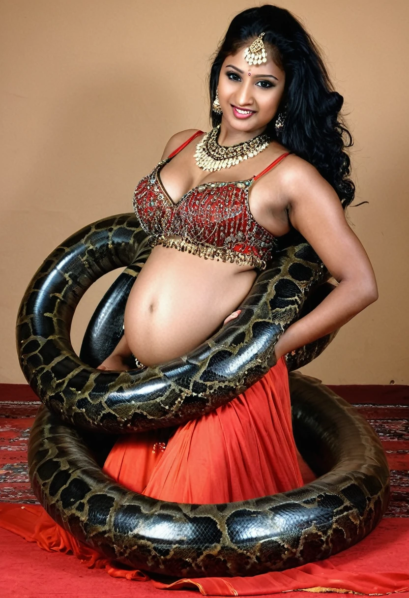 Pregnant  Happy Horny, aroused 1girl), beautiful kneeling Indian  young teen belly dancer girl  with  giant colossal black titanboa squeezing her hard, wrapped in thick spiraling coils, constricted, struggle, gasping for air, snake attack, snake peril,