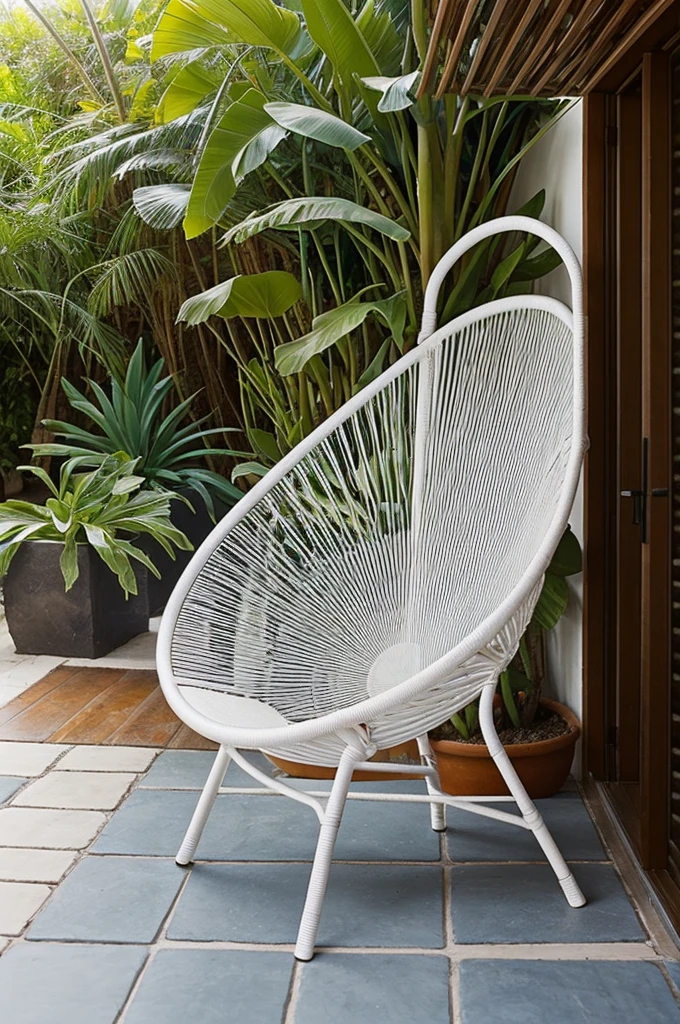 Create an Acapulco chair that is woven with plastic and made with iron in a space that looks attractive like somewhere near the beach and that the chairs are fixed or rocking.