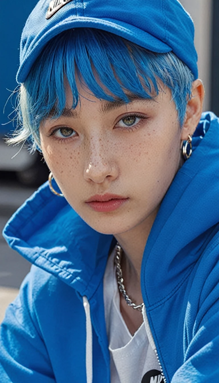 Blue shaved hair、Best Anamorphic Lens Photography、50mm lens、Close-up of a woman with freckles。background, The morning sun shines on her hair.、backgroundがぼやけている。Hip Hop Fashion。Fashionable。Nike sneakers。The whole body is visible。