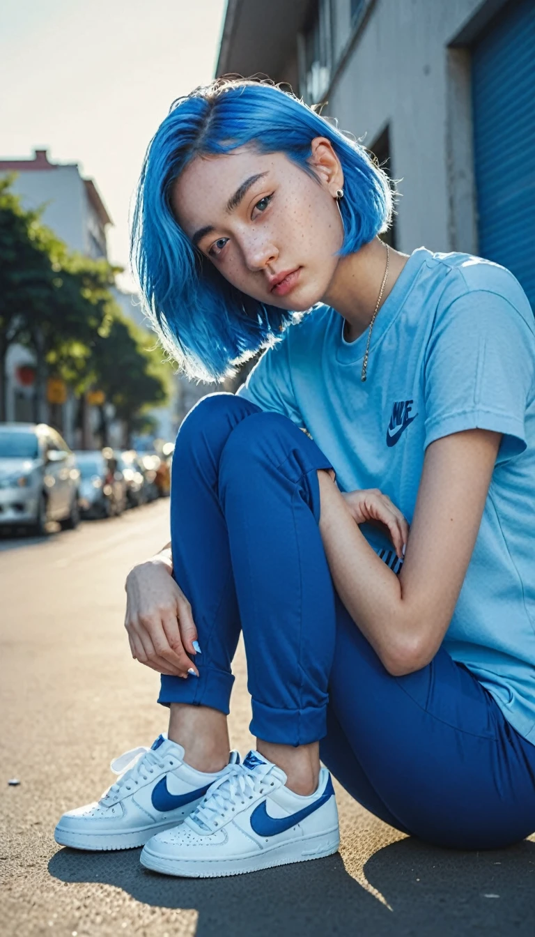 Blue shaved hair、Best Anamorphic Lens Photography、50mm lens、Close-up of a woman with freckles。background, The morning sun shines on her hair.、backgroundがぼやけている。Hip Hop Fashion。Fashionable。Nike sneakers。The whole body is visible。