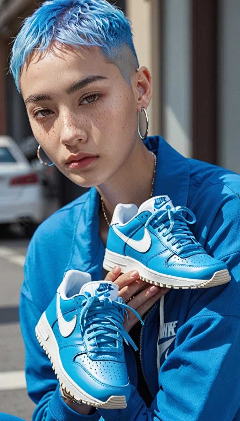 Blue shaved hair、Best Anamorphic Lens Photography、50mm lens、Close-up of a woman with freckles。background, The morning sun shines on her hair.、backgroundがぼやけている。Hip Hop Fashion。Fashionable。Nike sneakers。The whole body is visible。