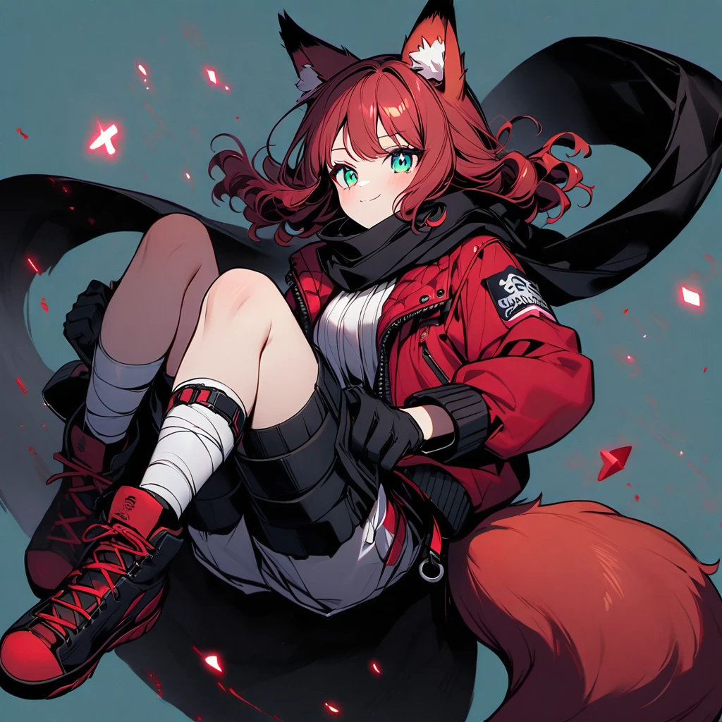 (well done:1) woman, short red slightly wavy hair, cyan eyes, red fox ears and tail, black scarf, bulky red winter jacket with black details, white shirt, black gloves, white shorts, knee bandage, sneakers black.